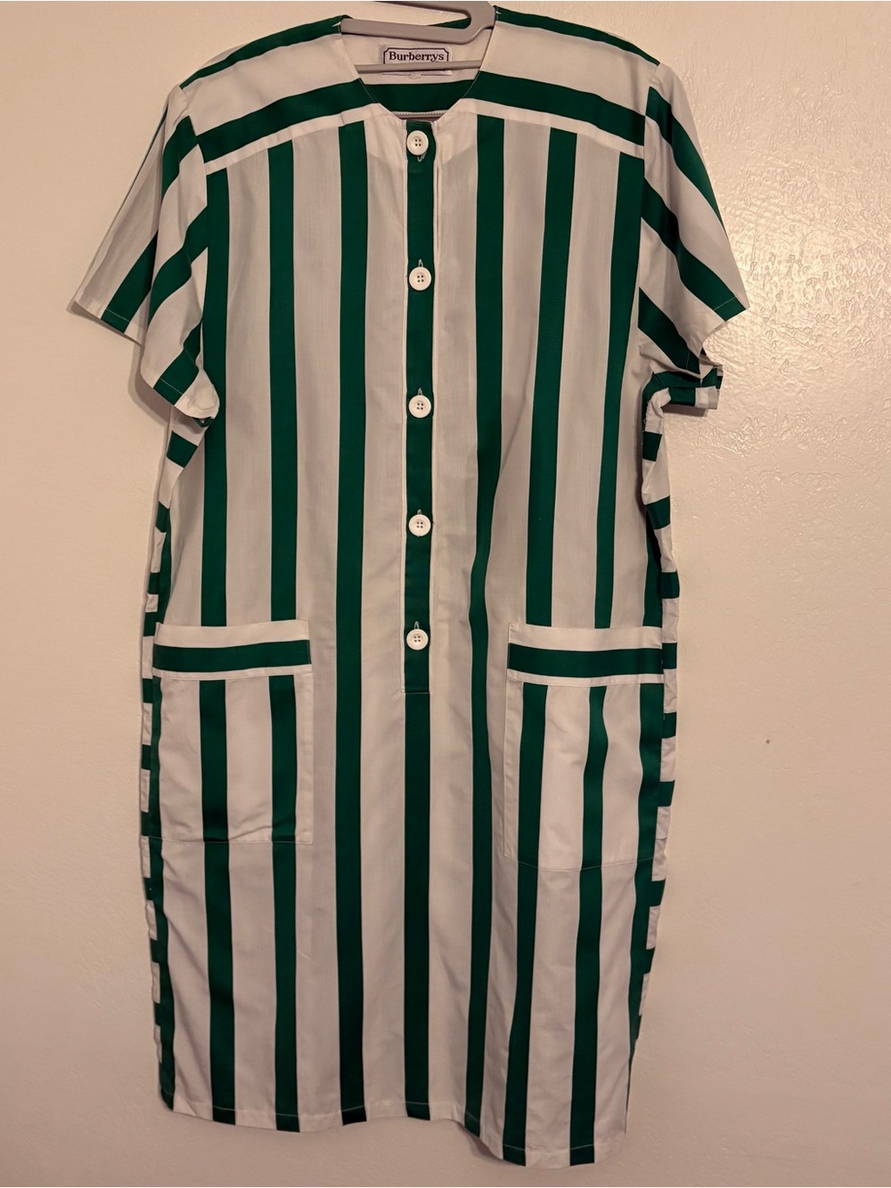 Burberrys of London Green/White Striped Shift Dress Knee Pockets Button L